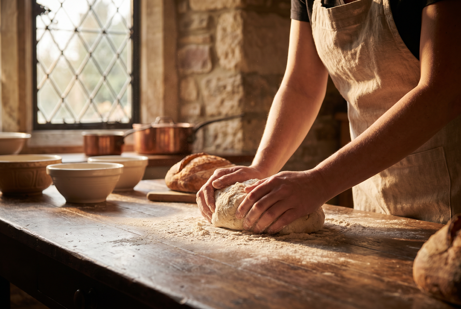 Hands kneading fresh bread dough on a floured wooden farmhouse counter