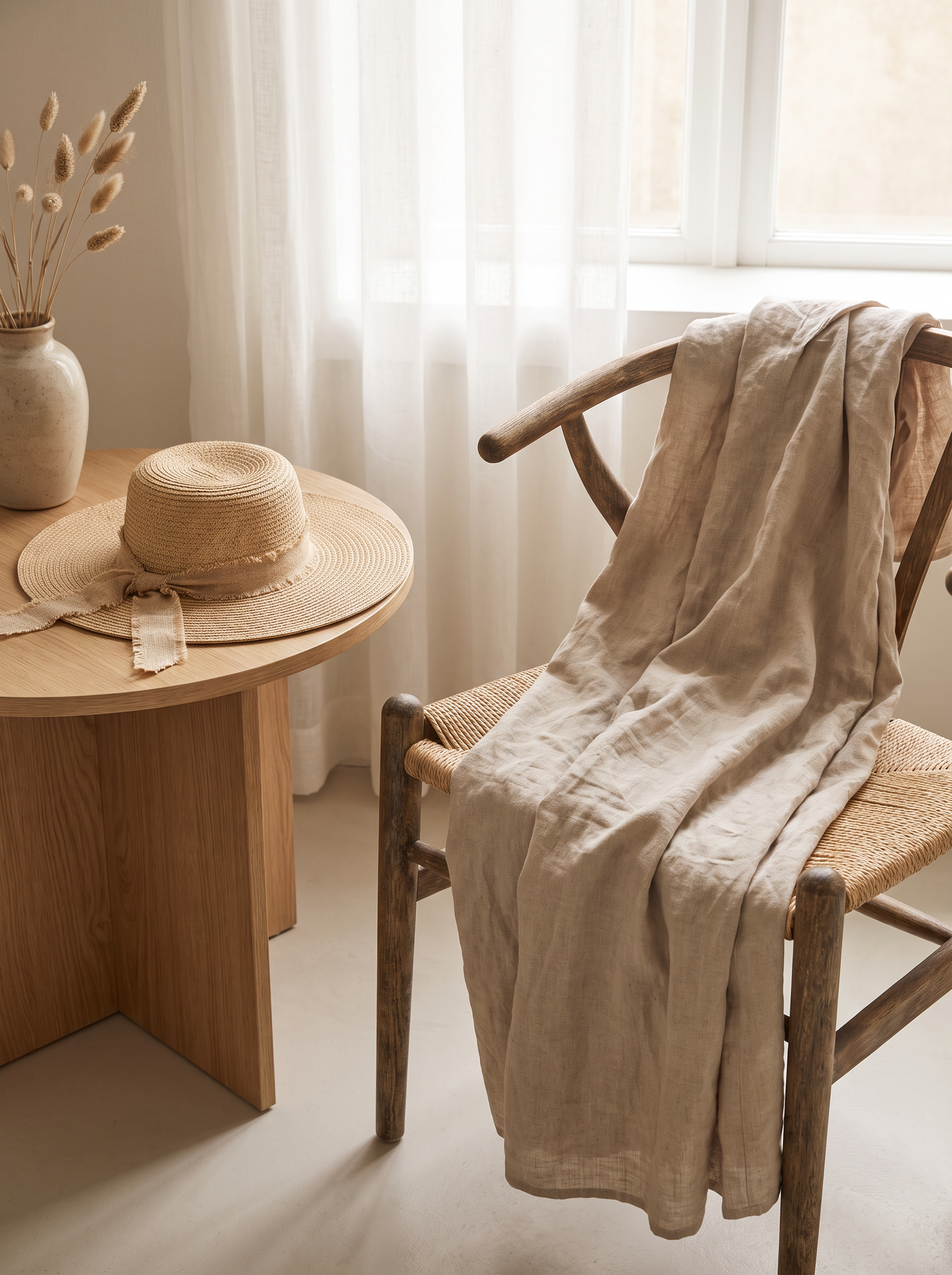 A soft linen dress draped over a wooden chair beside a straw hat