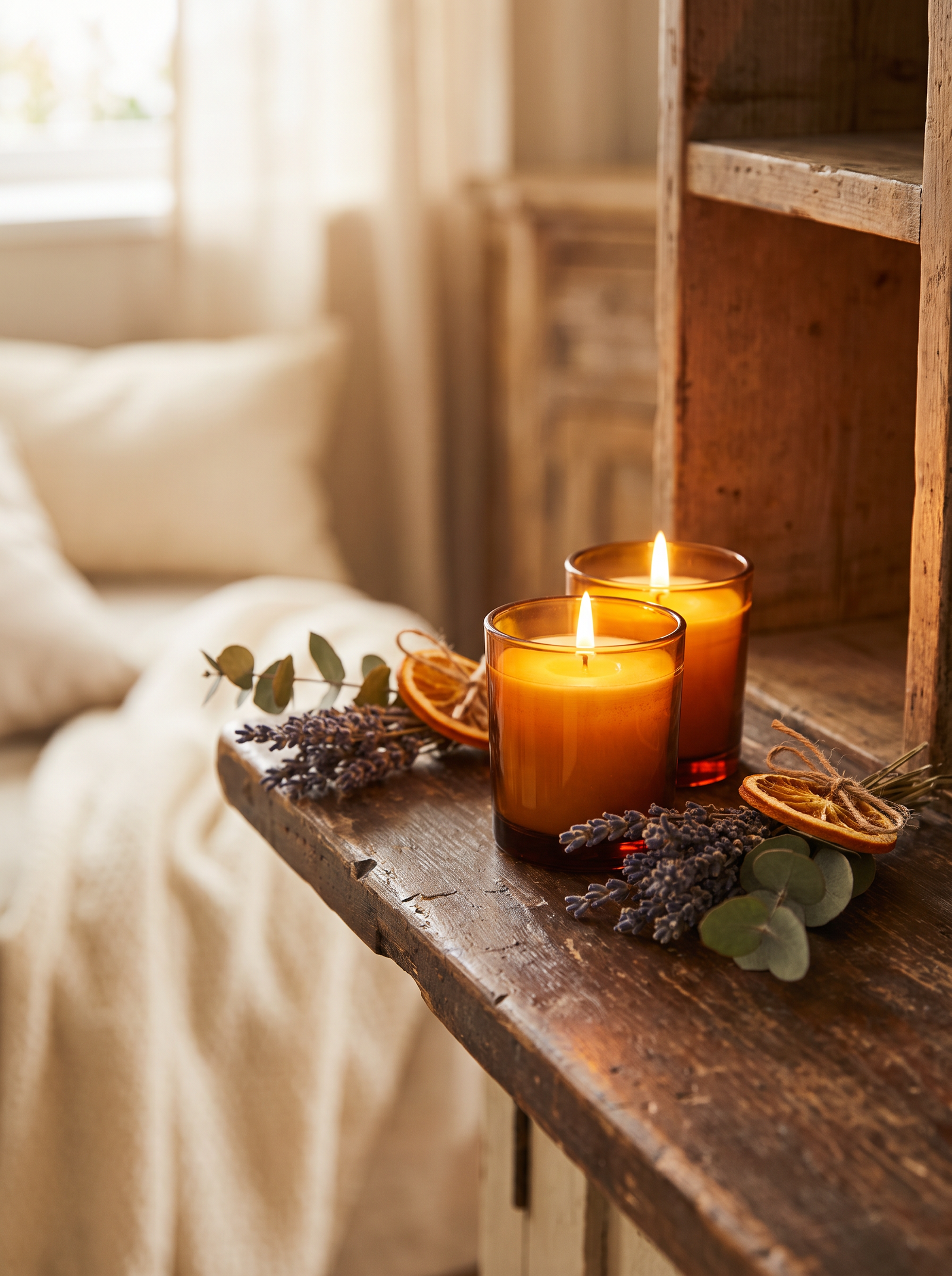 Lit candles in vintage glass vessels on a warm wooden shelf with dried botanicals