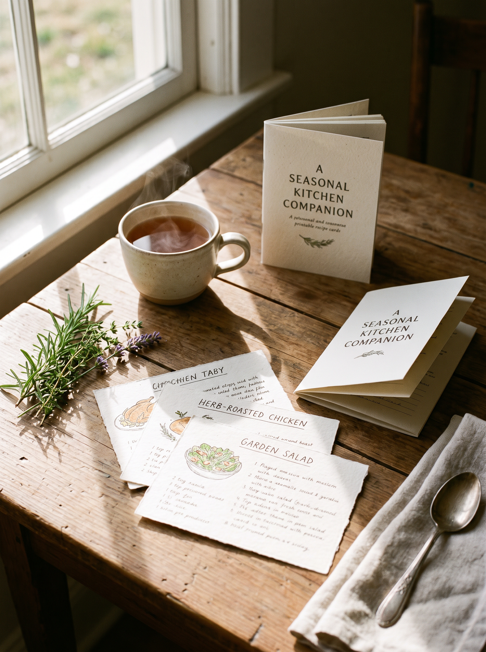 Printable recipe cards and a small guide booklet beside a cup of tea