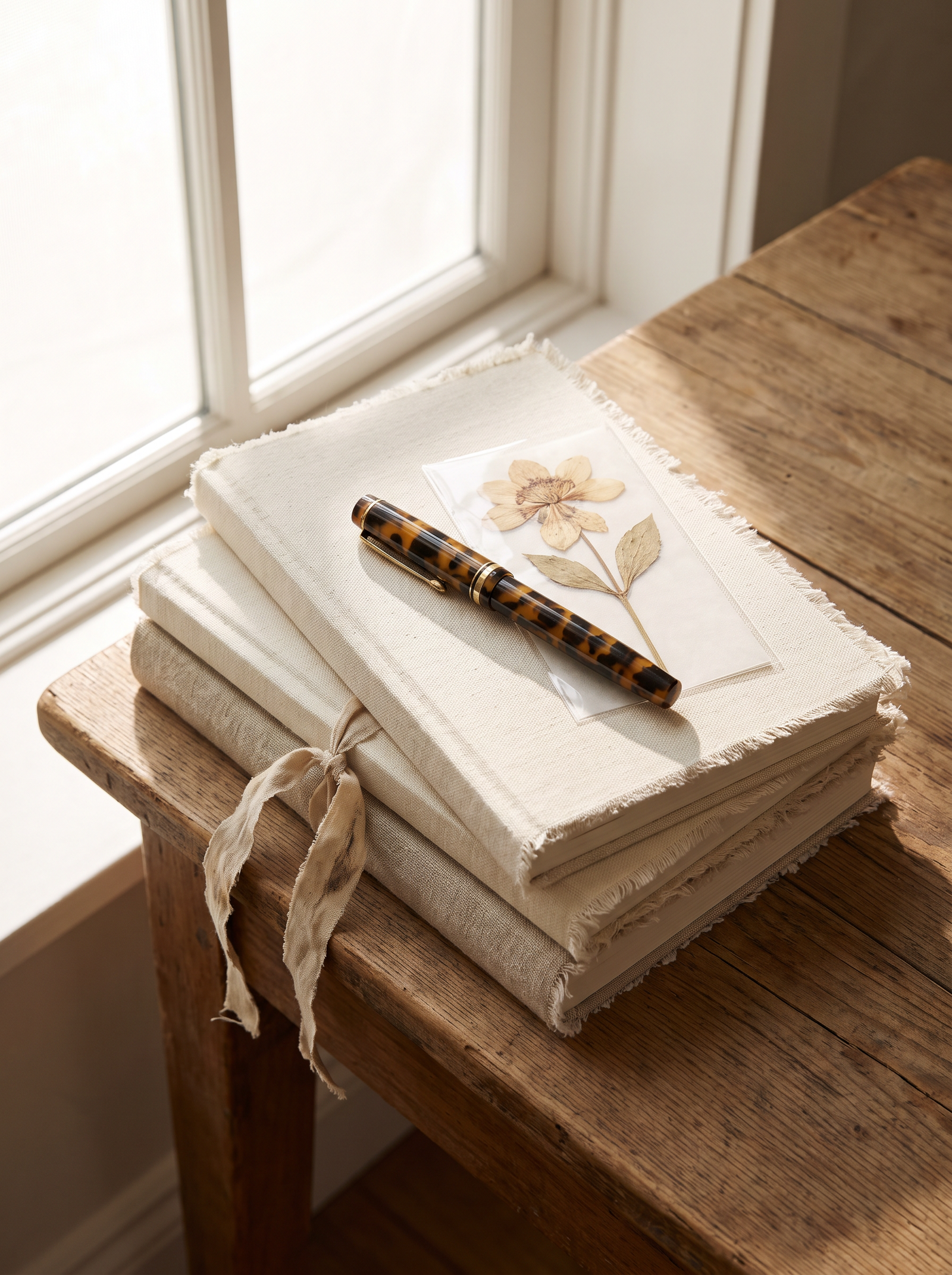 A stack of linen-bound journals with a fountain pen on a warm wooden table
