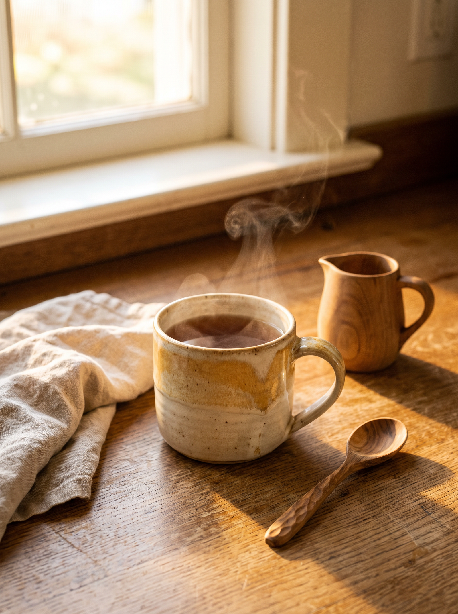 A handmade ceramic mug with tea beside simple wooden kitchen essentials