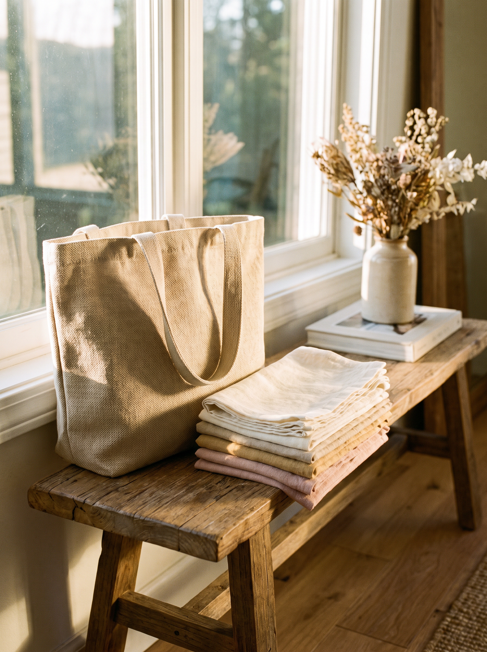 A woven canvas tote bag and folded linen napkins on a wooden bench