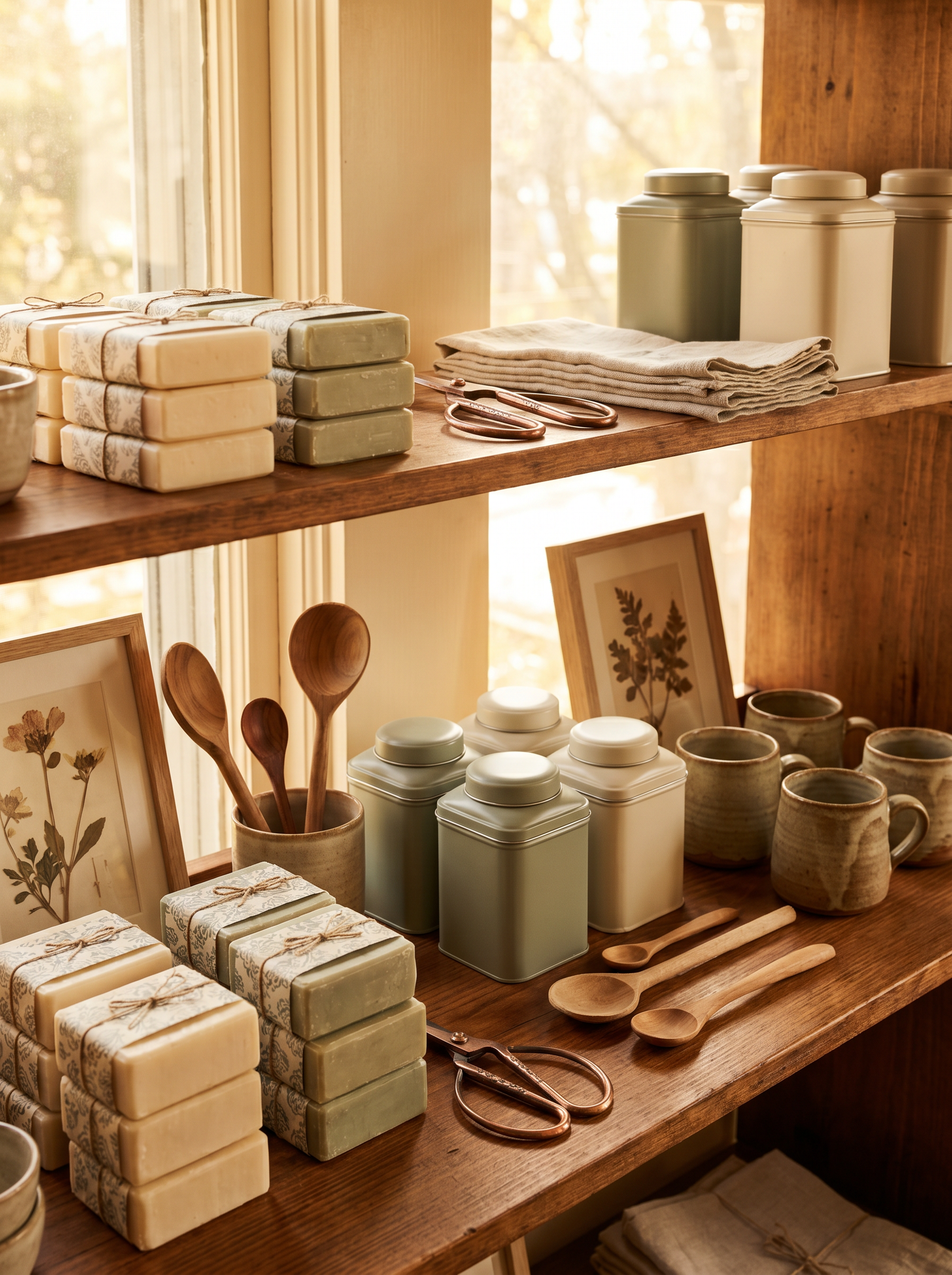 A curated boutique shelf with soaps, pottery, tea tins and botanical prints