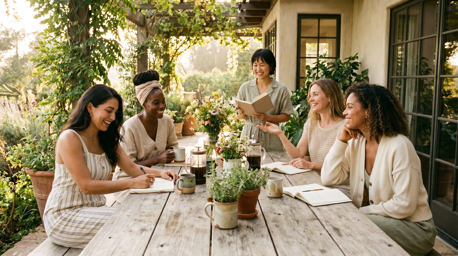 A diverse group of women gathered around an outdoor garden table, laughing and journaling together