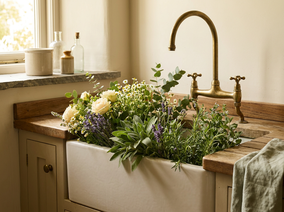 A deep farmhouse sink with soft morning light, dishes soaking, and a linen towel draped nearby