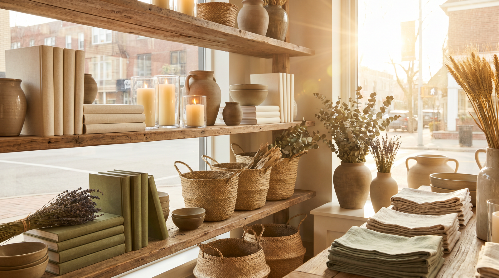 A boutique shelf styled with books, candles, pottery and botanical decor