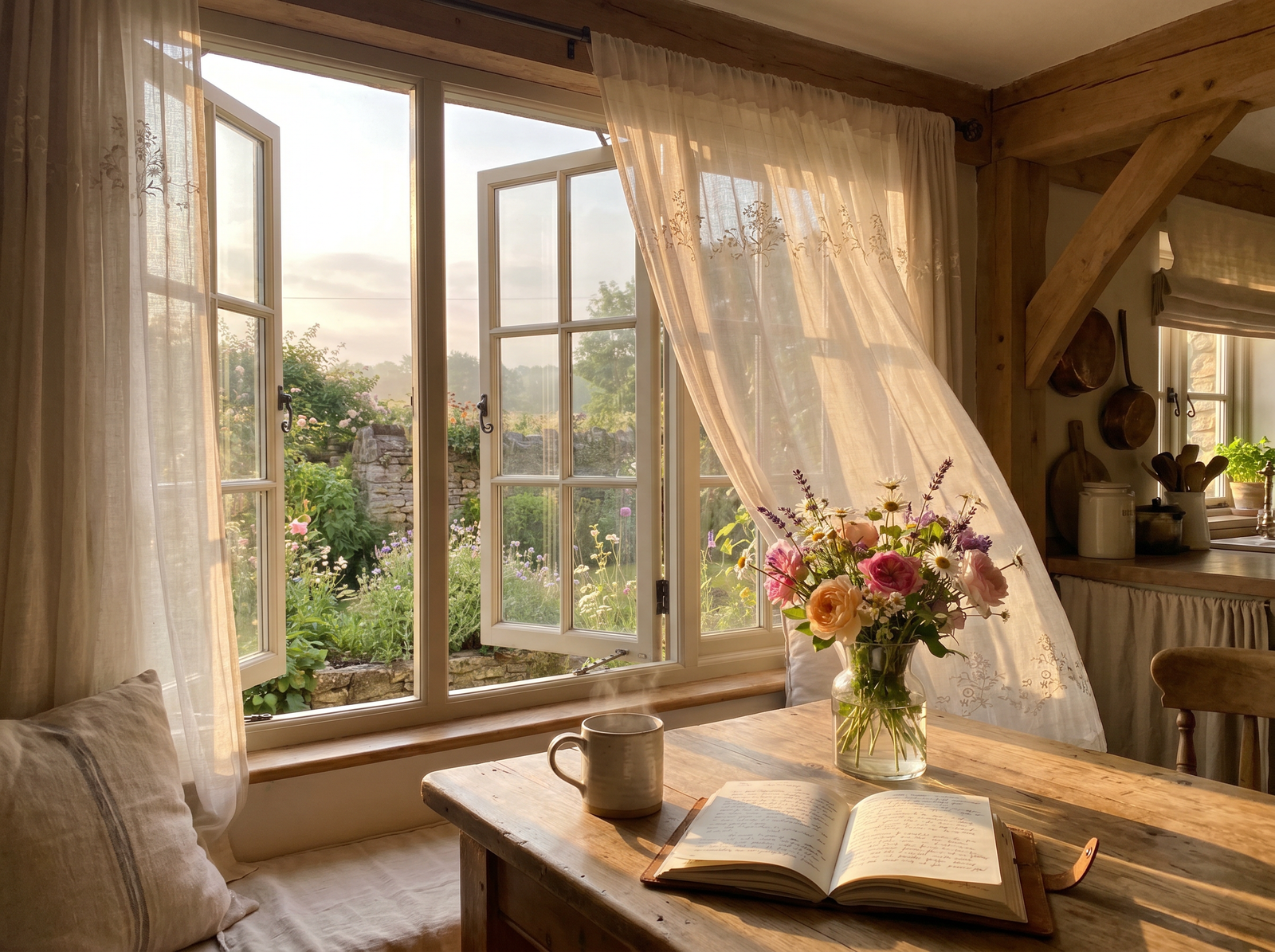 A dreamy summer morning with open windows, coffee and fresh flowers