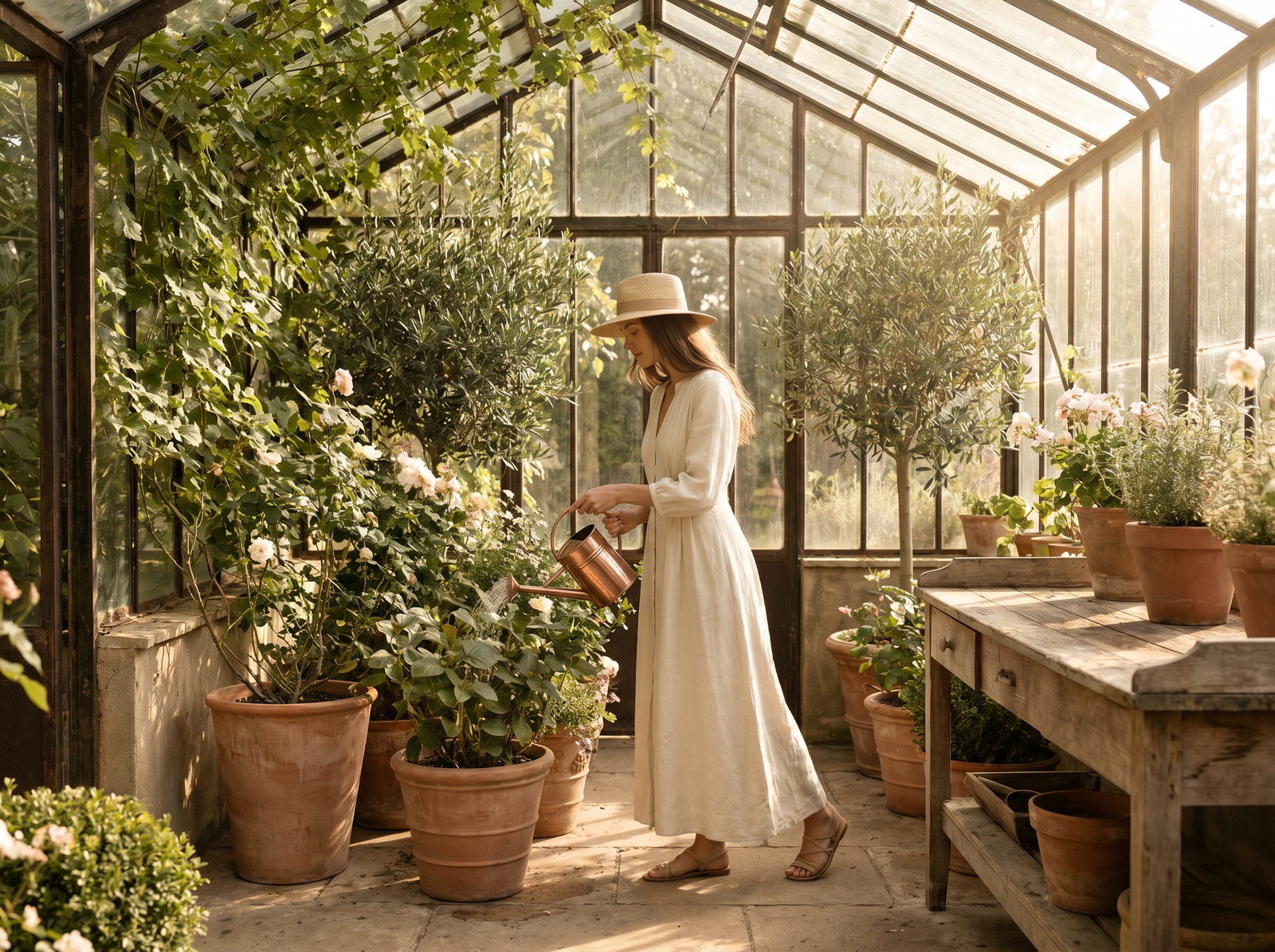 A woman watering potted plants inside a European glass greenhouse