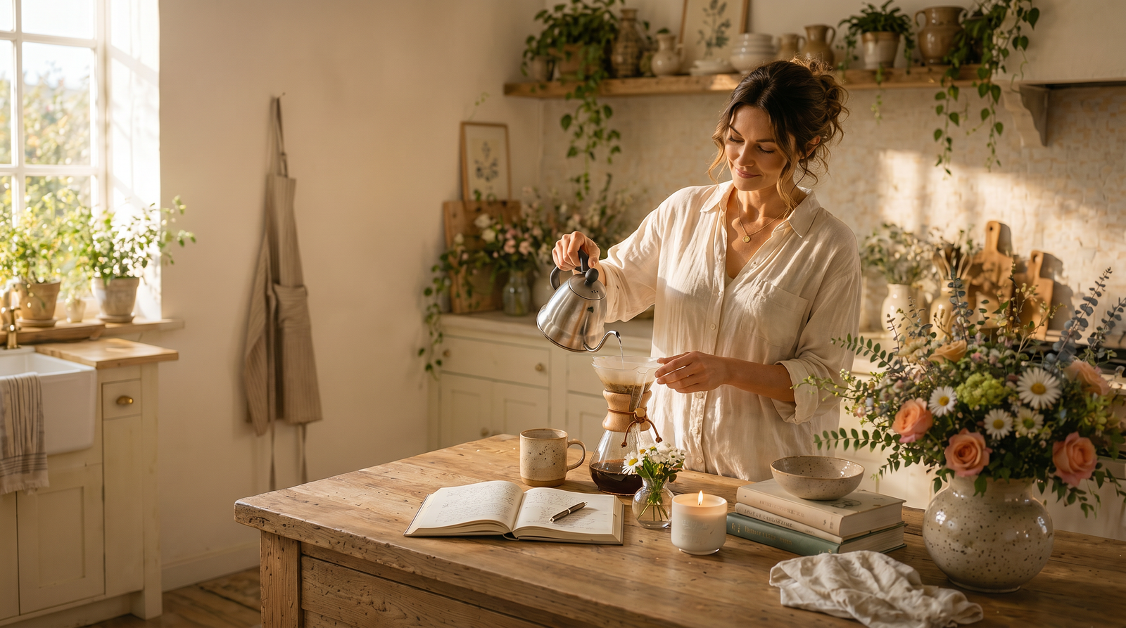 A woman in a warm sunlit farmhouse kitchen