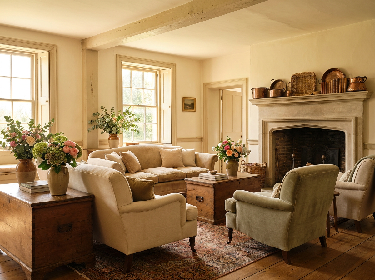 A styled farmhouse living room with layered vintage furniture and flowers