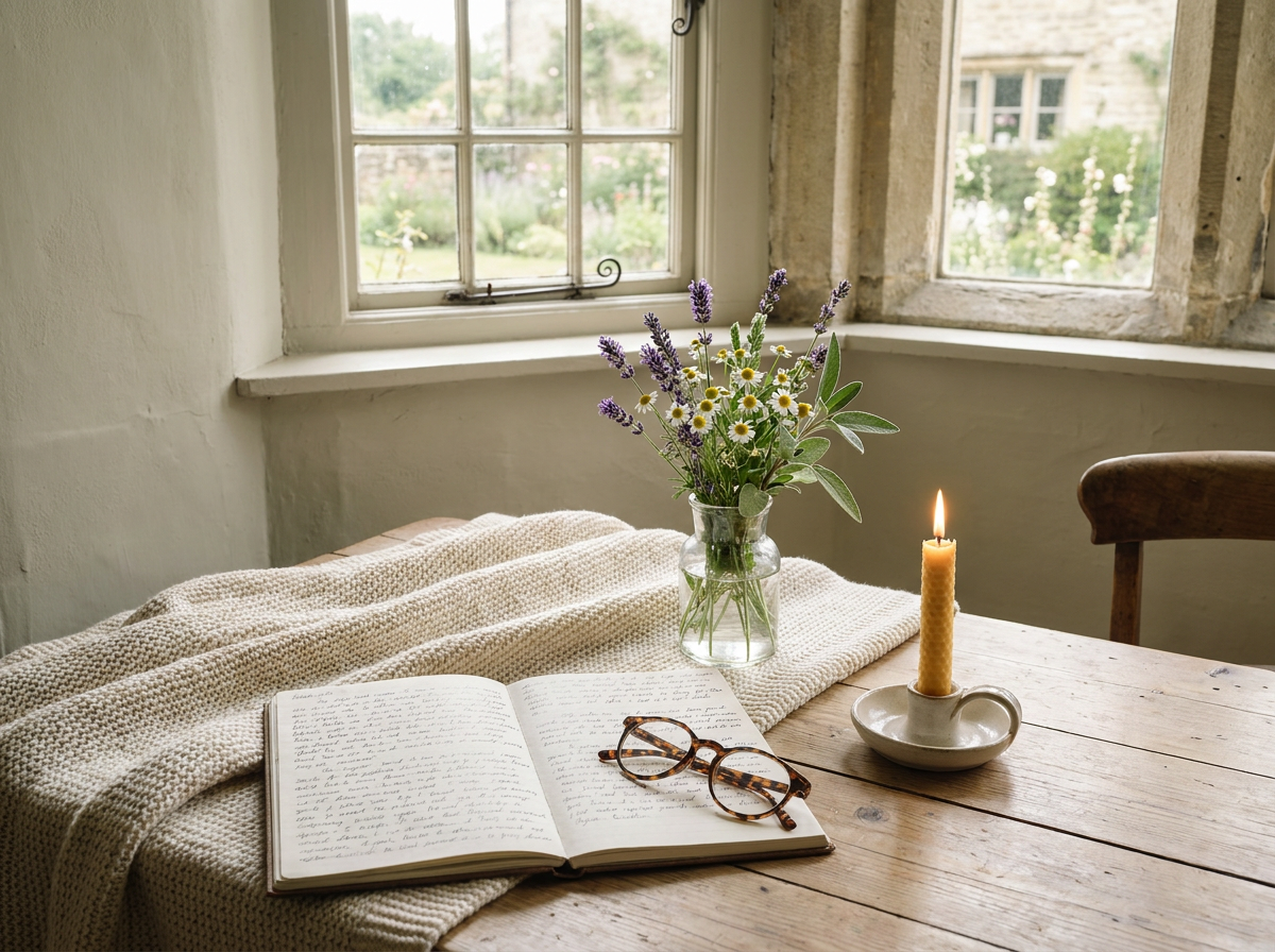 An open journal, candle and wildflowers on a quiet wooden table