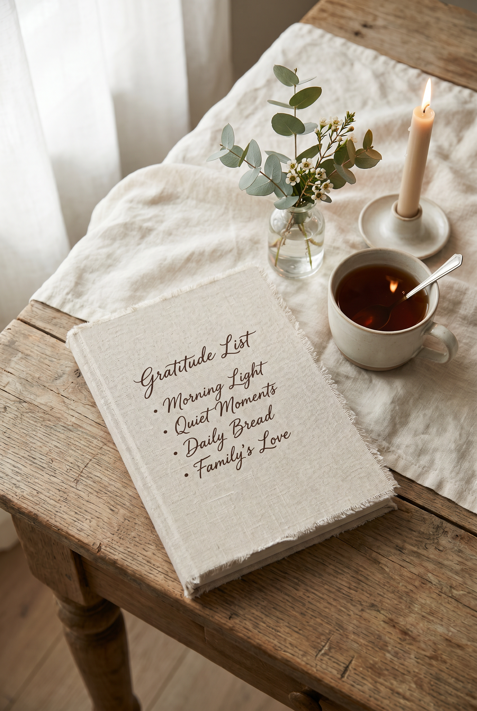 A journal, crystals, and botanicals arranged on a cream linen surface