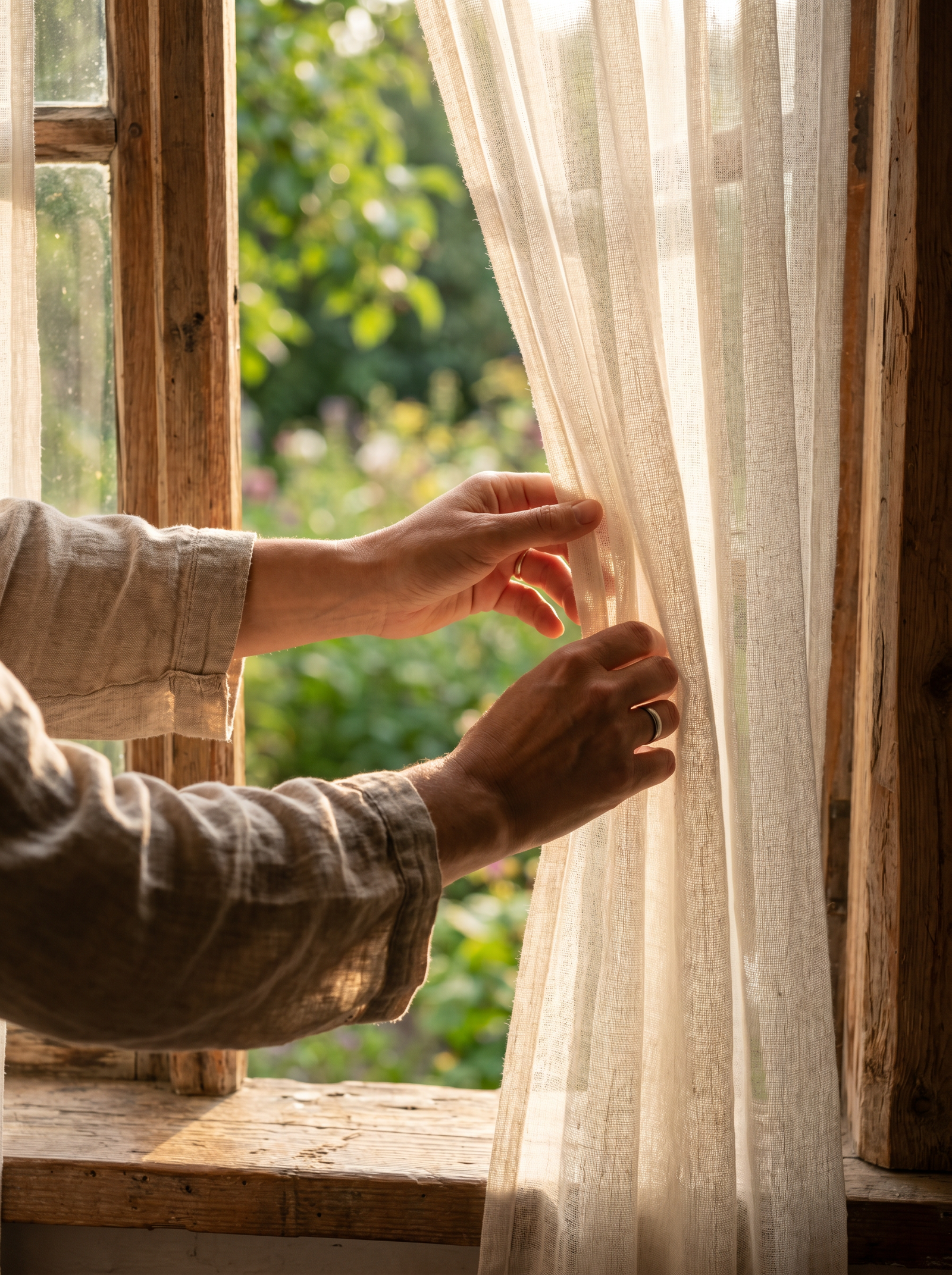Soft hands gently opening sheer linen curtains in early morning golden light, sharply in focus