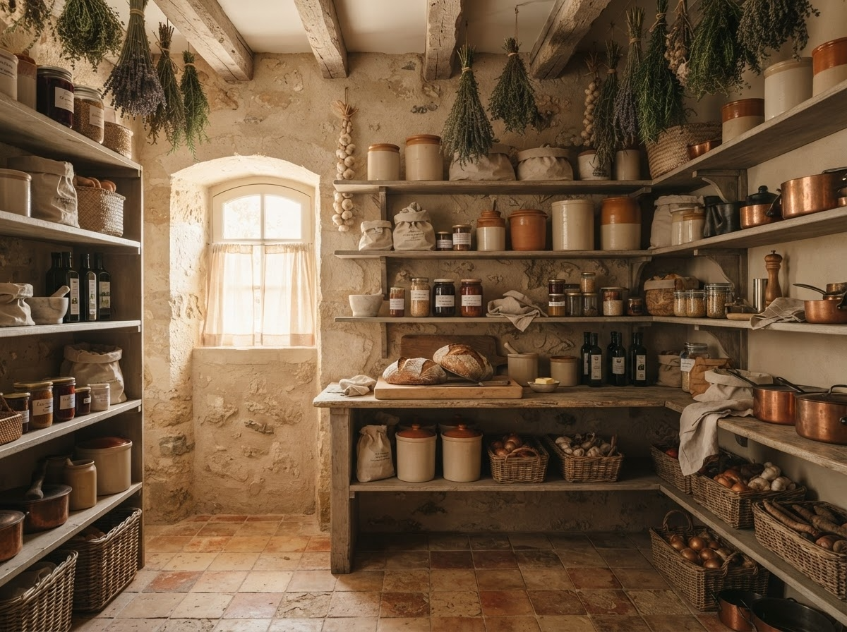A French countryside farmhouse pantry with fresh bread, herbs, olive oil and pottery