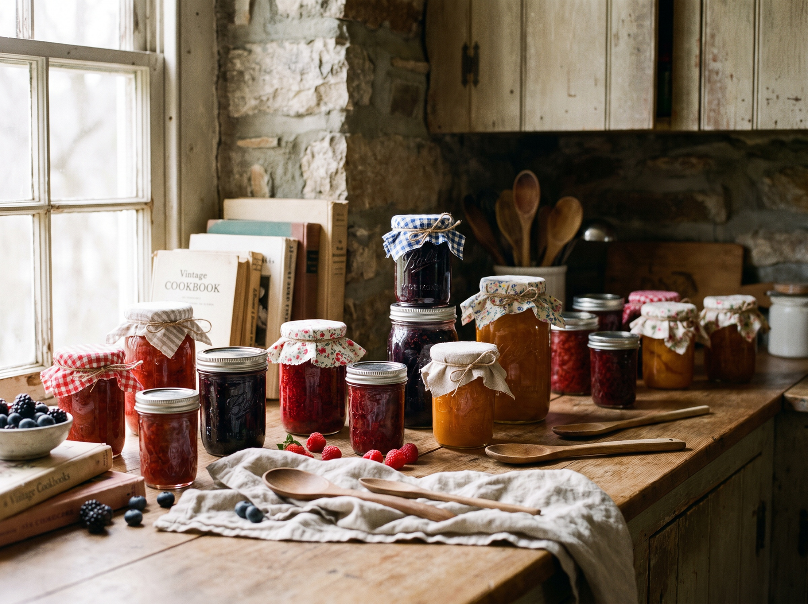 Rows of homemade fruit preserves and jam in glass jars with fresh berries on a rustic wooden counter