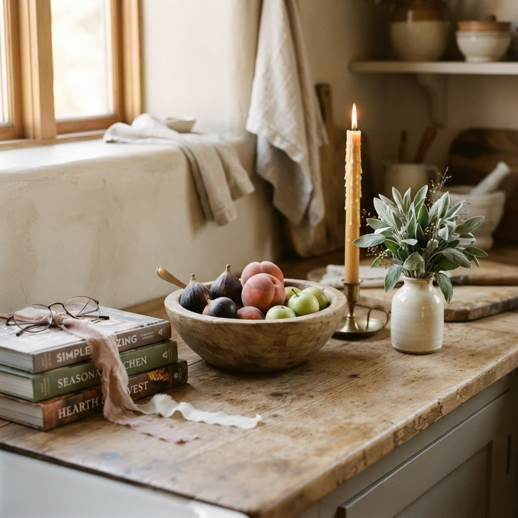 Stacked cookbooks and a candle on a wooden counter