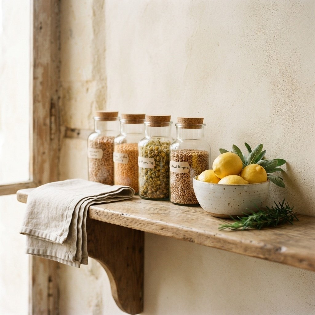 A shelf with French soap, copper scissors, wooden spoons and tea tins
