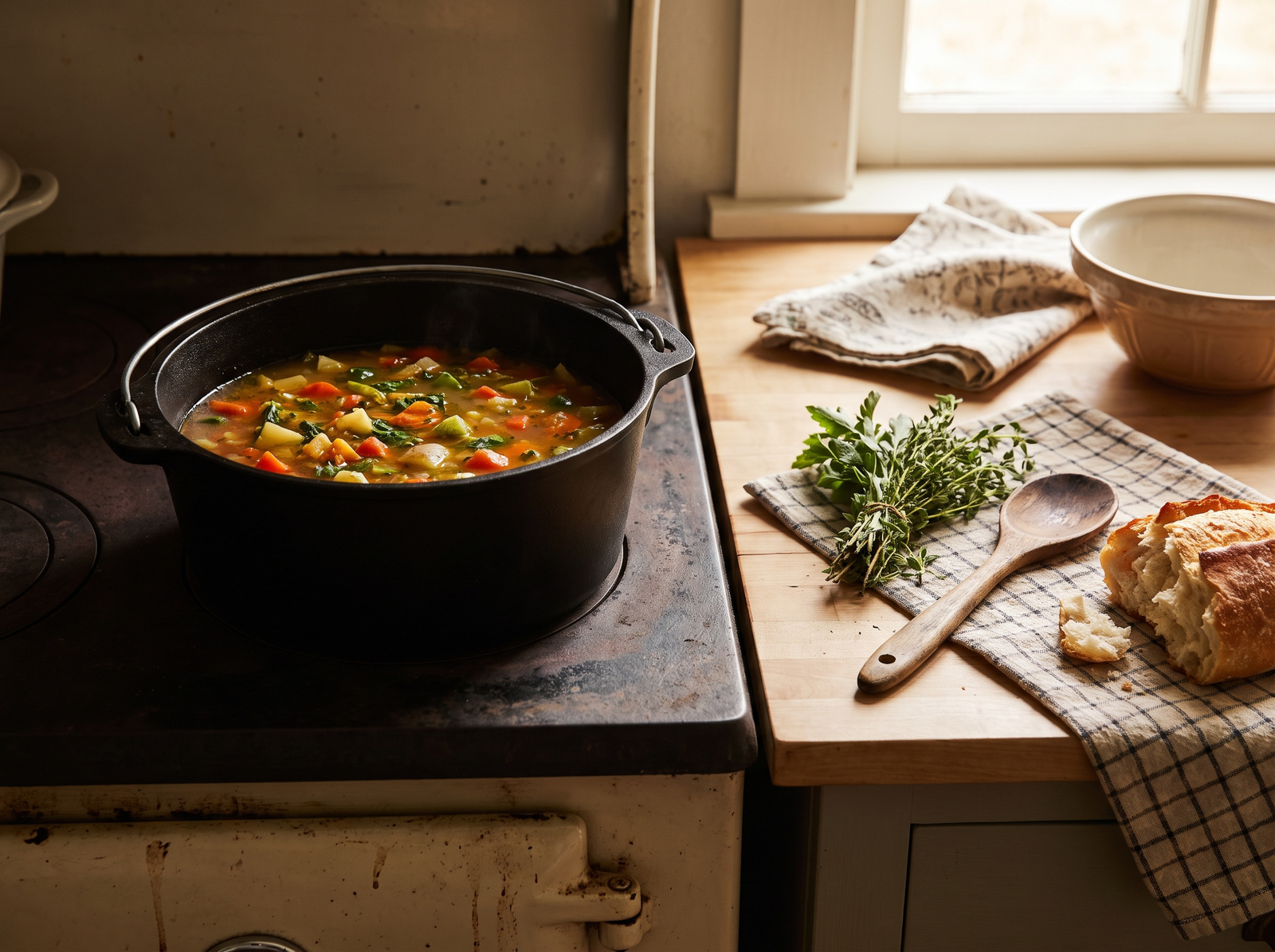 A rustic cast-iron pot of simmering vegetable soup on a farmhouse stove with fresh herbs and crusty bread