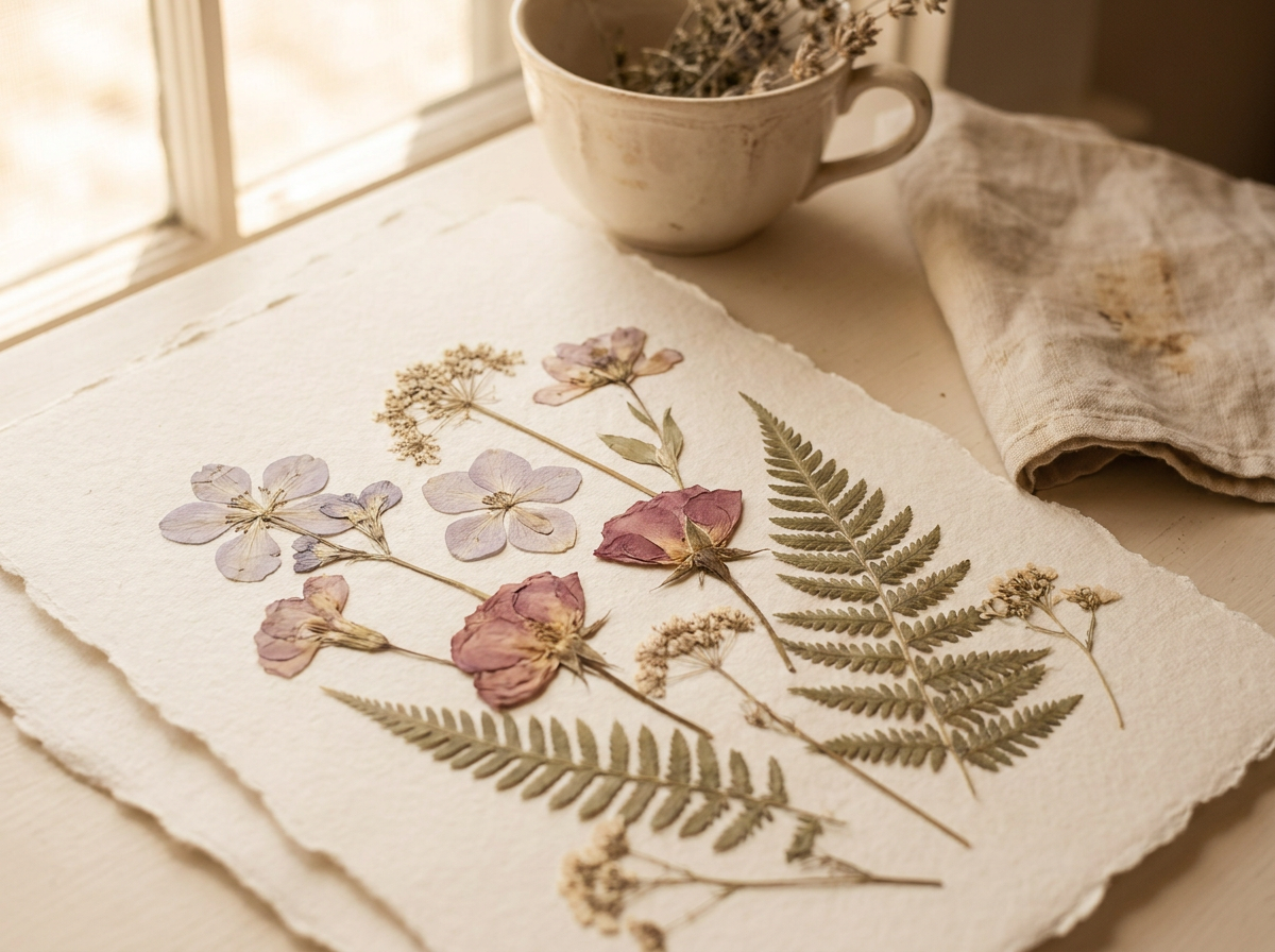 Pressed dried flowers arranged on soft handmade paper