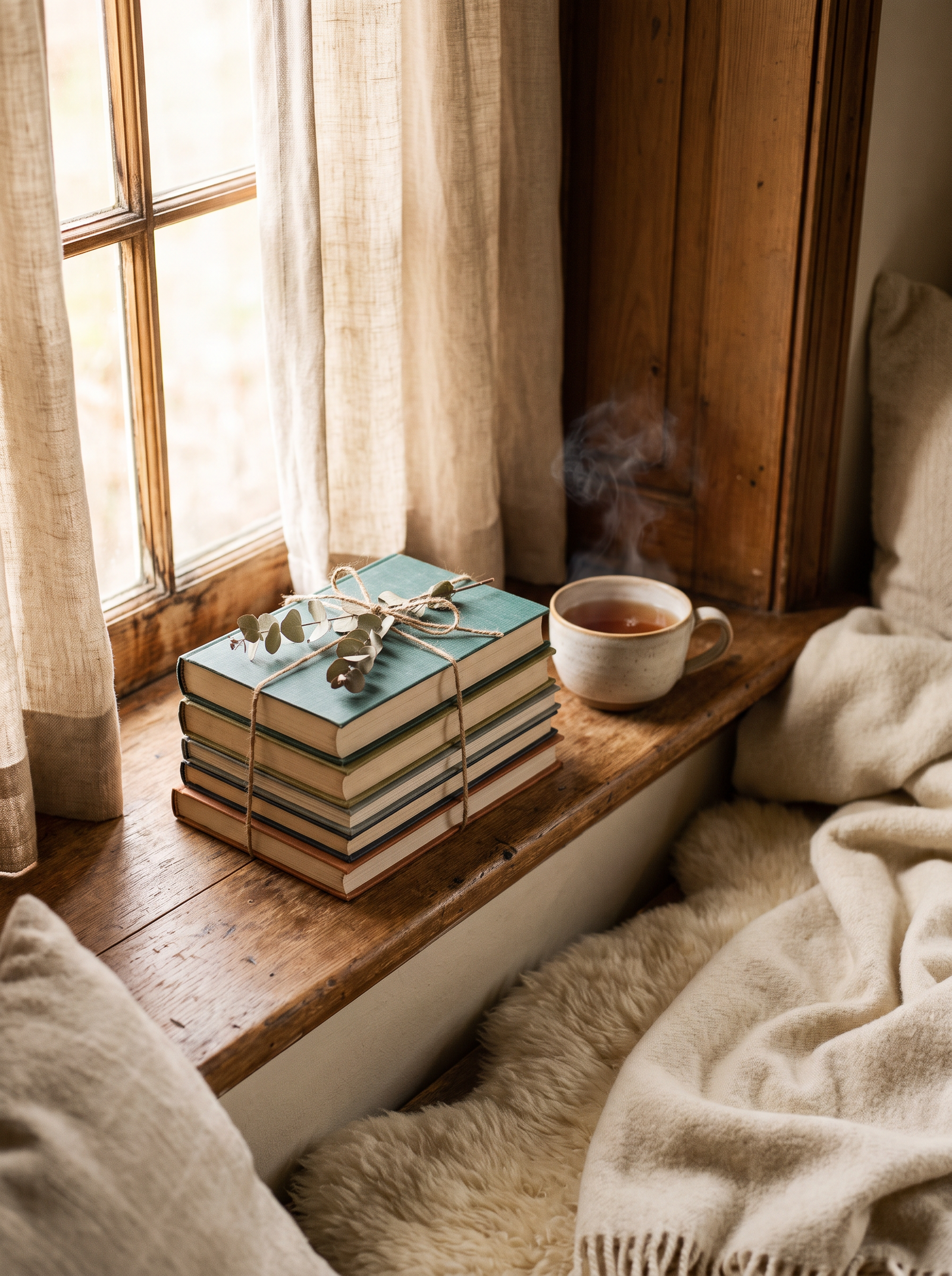 A stack of hardcover books tied with twine beside a cup of tea on a sunlit windowsill