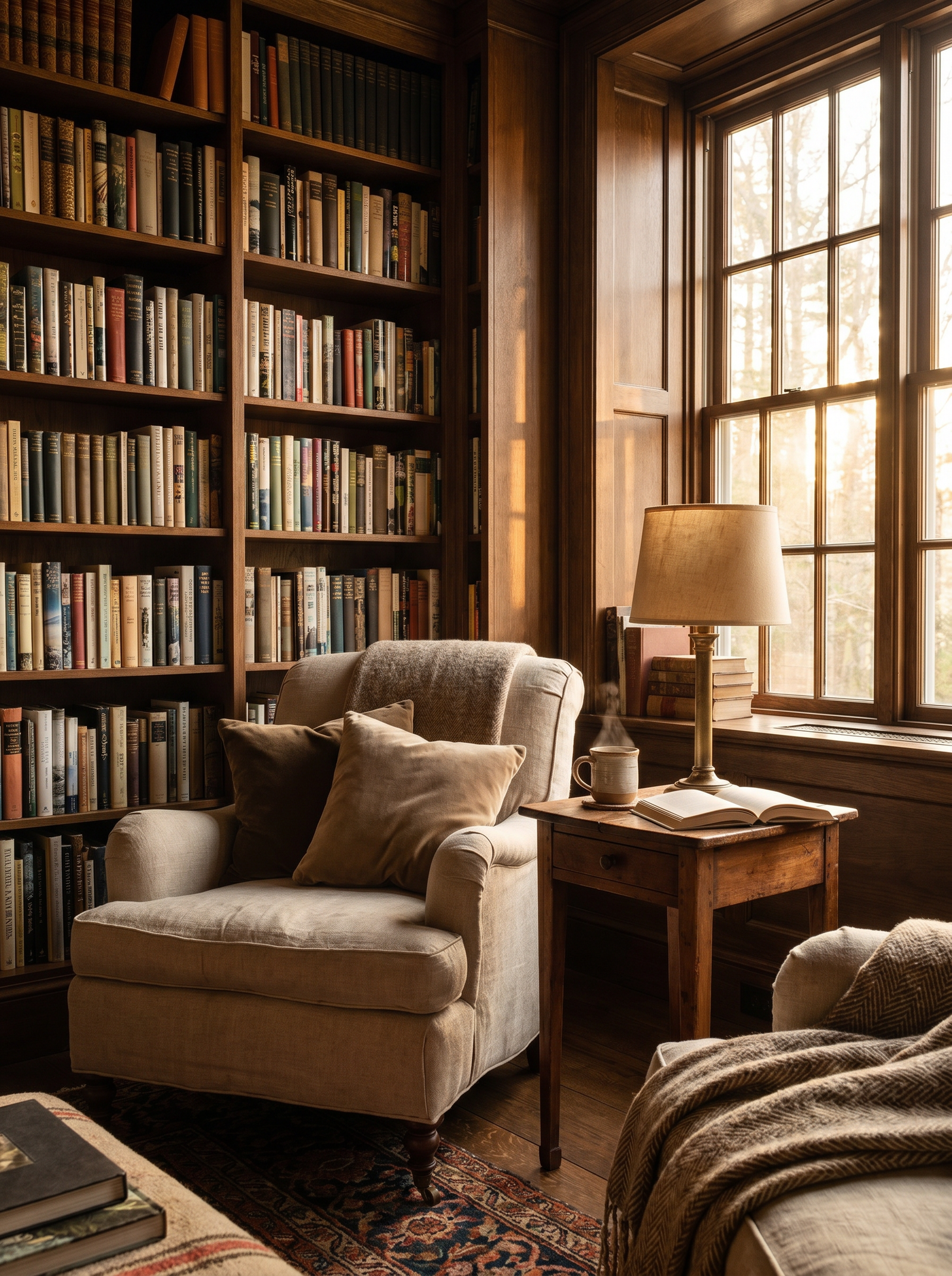 A cosy reading nook with a linen chair, a stack of books, and soft natural light from a nearby window