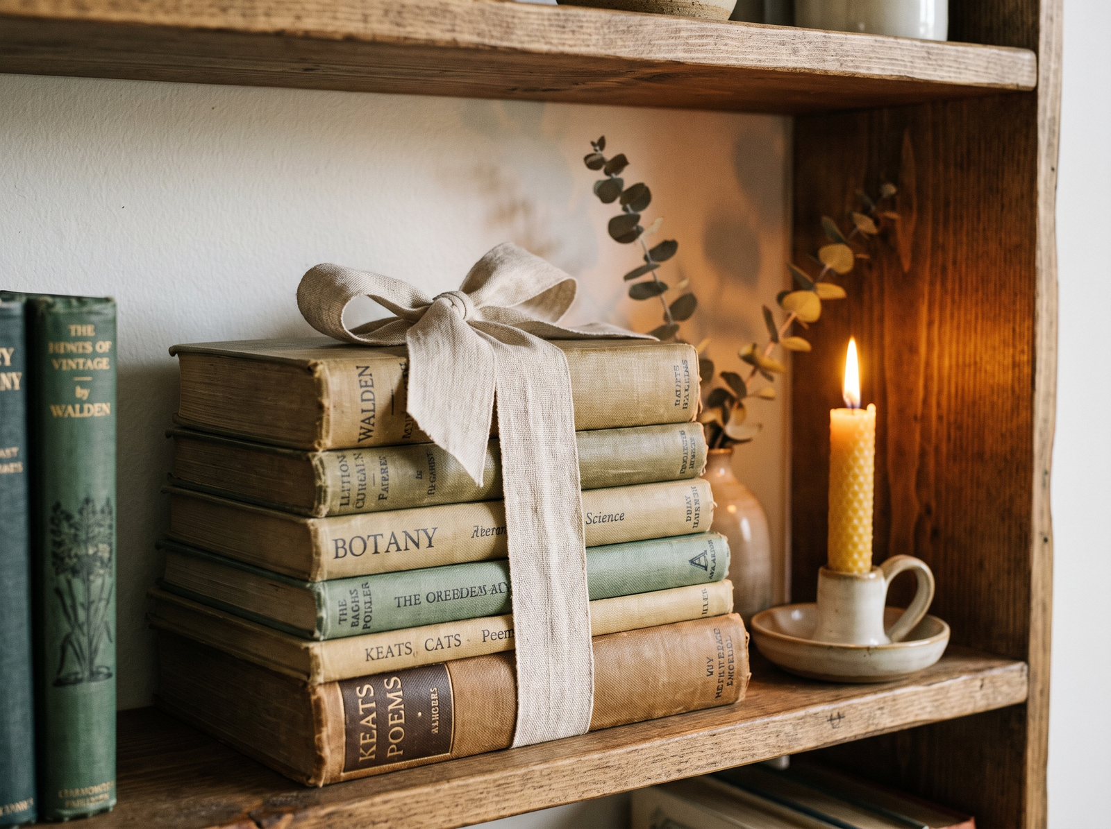 A beautifully styled bookshelf with ceramics and dried botanicals