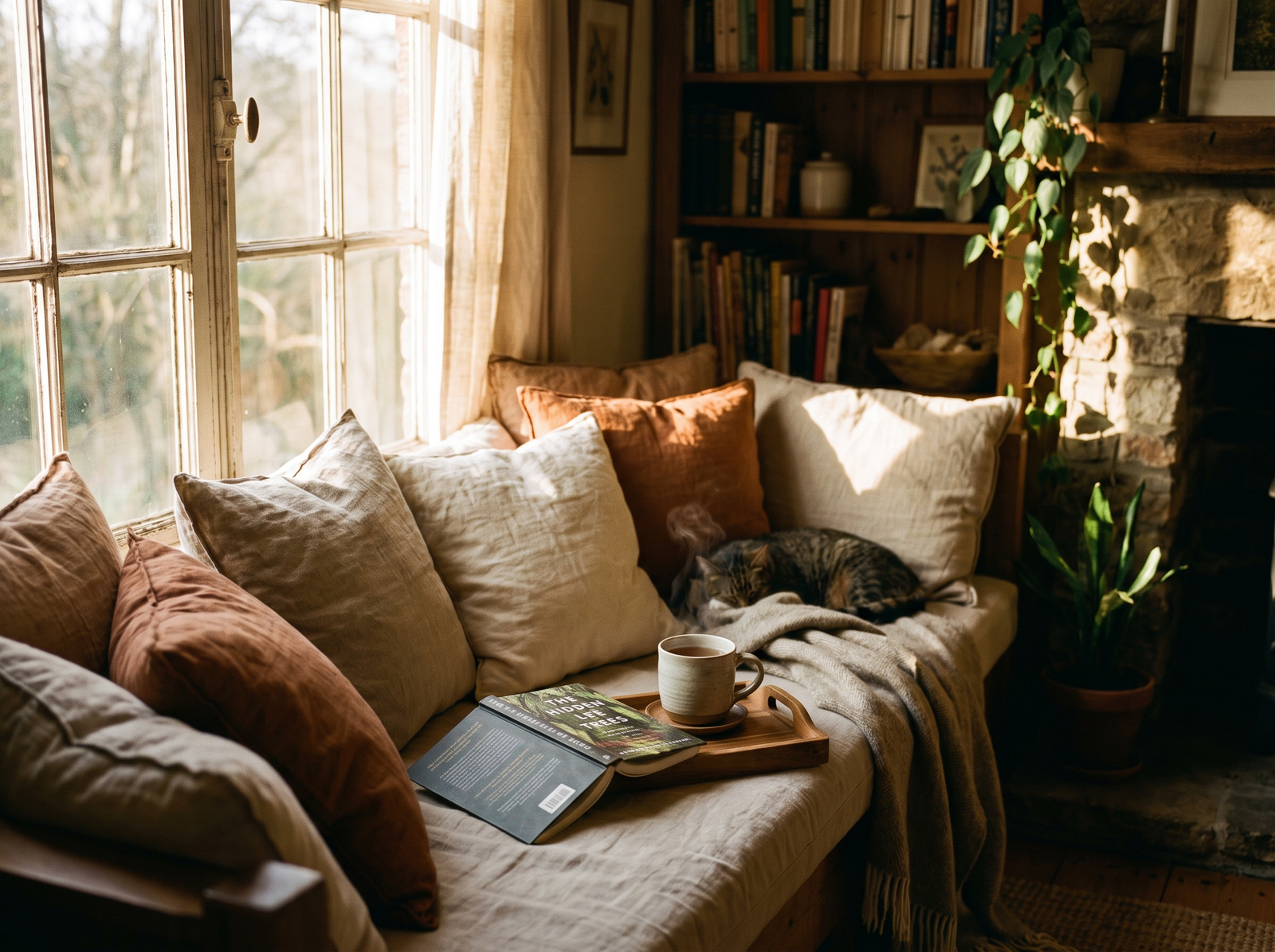 A woman reading by a sunlit window with a cup of tea