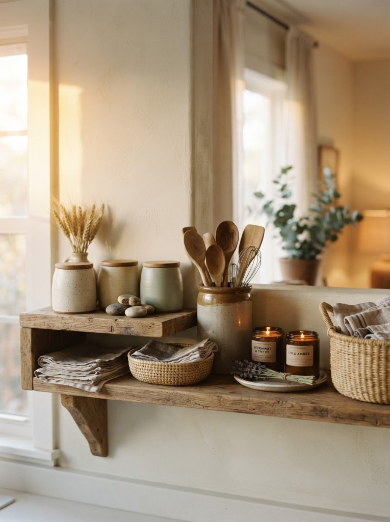 A warm wooden shelf with ceramic jars, wooden spoons, linen, candles, and a wicker basket bathed in golden morning light