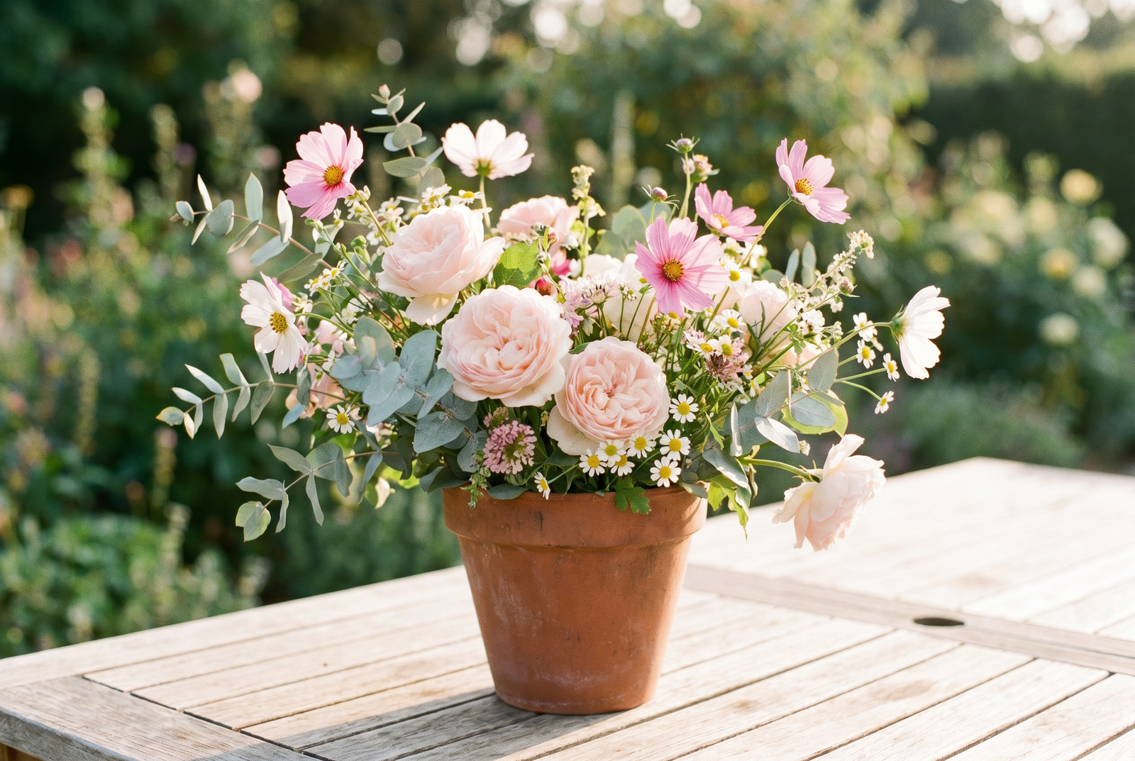 A terracotta pot overflowing with garden roses, cosmos, eucalyptus, and wildflowers on a weathered wood table