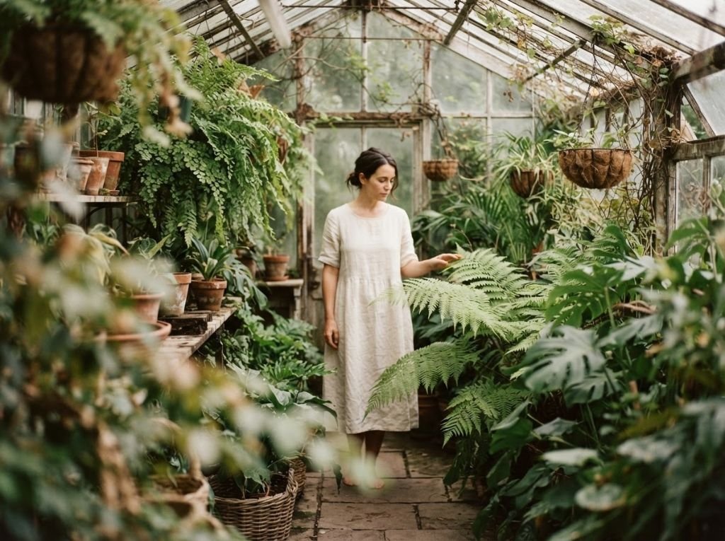 A woman in white linen walking through a lush glass greenhouse surrounded by ferns and hanging plants