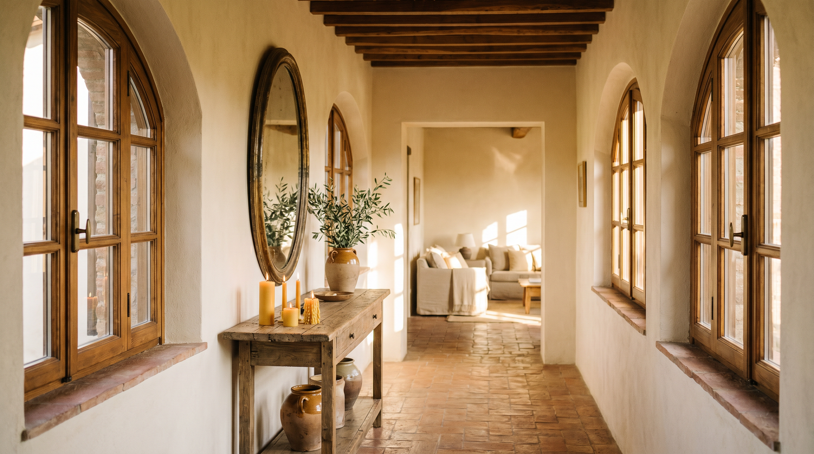 A warm European hallway with arched windows, a wooden console table styled with candles and greenery, and an oval mirror