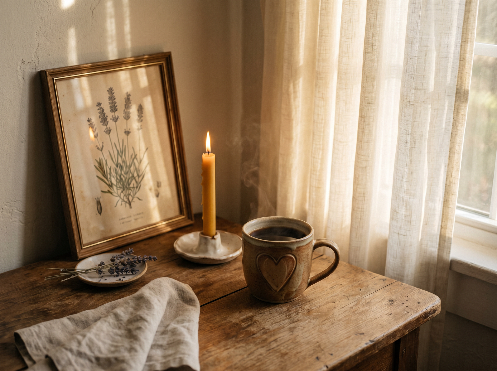 A candlelit wooden table with a ceramic mug, a lavender botanical print, and dried herbs by a window