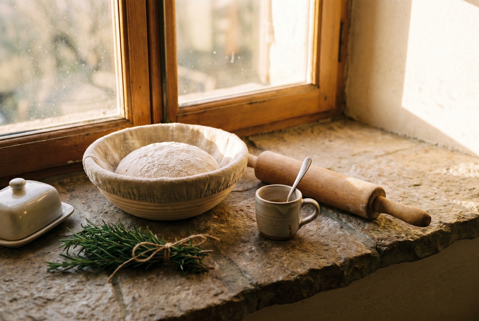A rustic stone kitchen counter with bread dough, a rolling pin, rosemary, and a small coffee cup