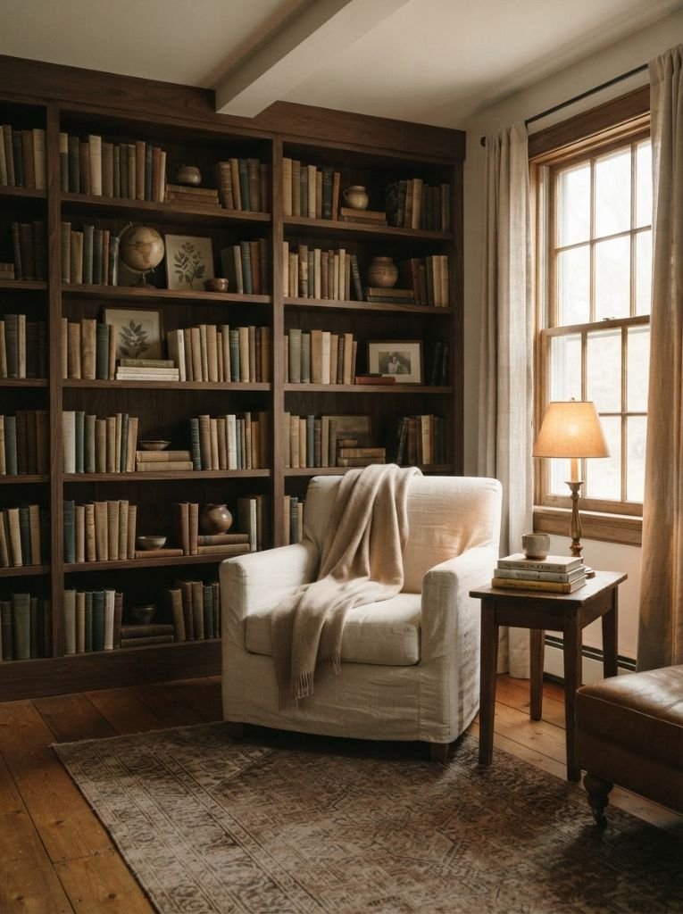 A cozy reading nook with floor-to-ceiling bookshelves, a white linen armchair, and warm window light