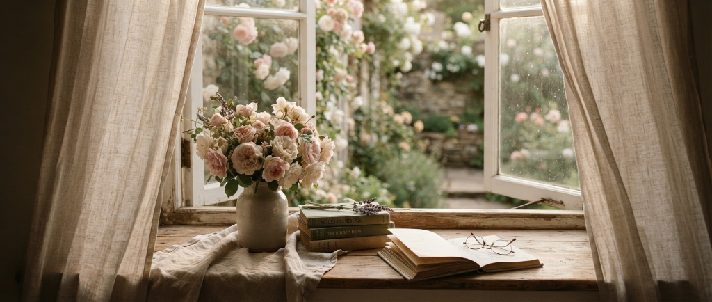 A sun-drenched windowsill with roses and stacked books
