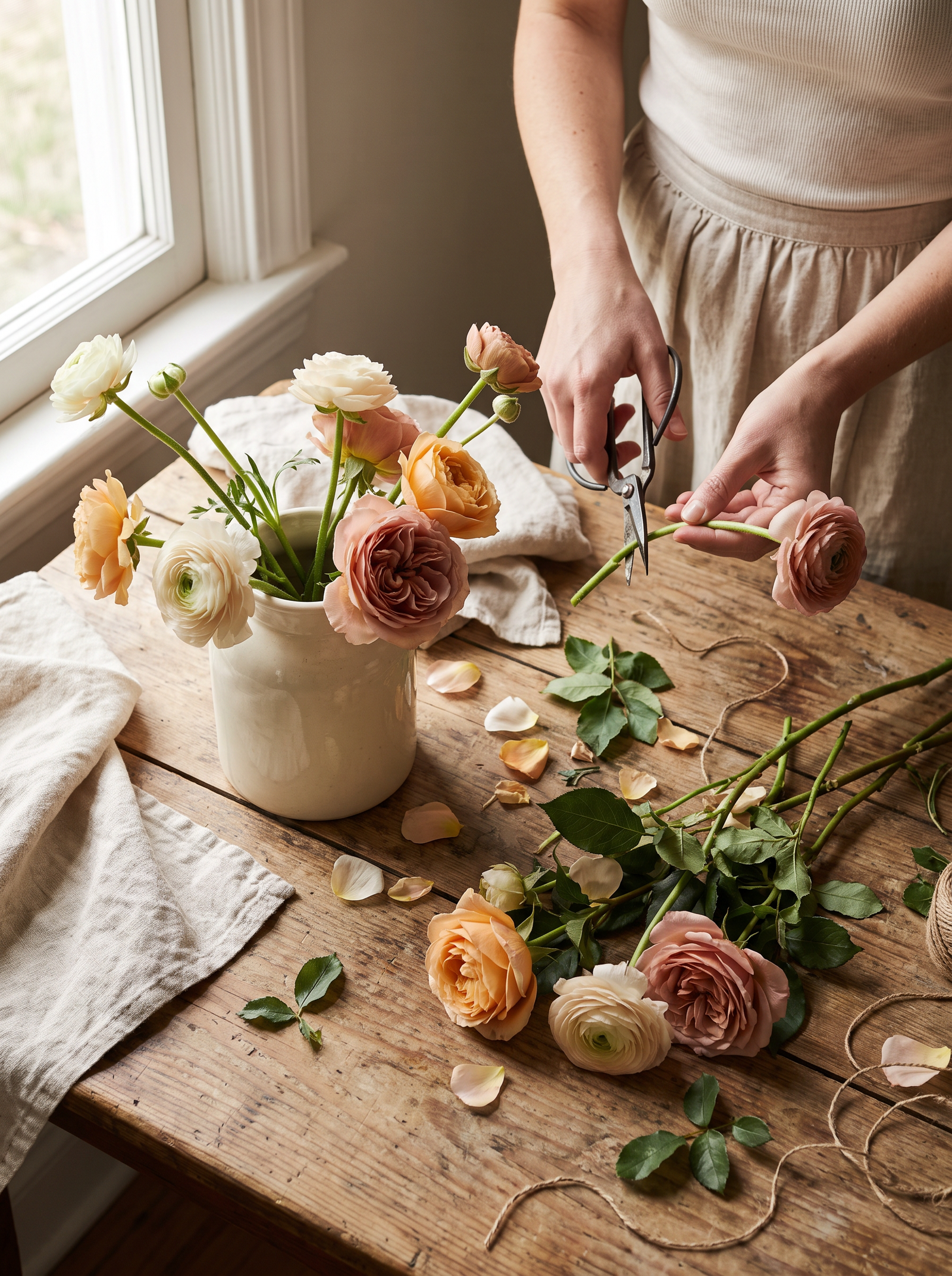 Hands trimming fresh seasonal flowers over a wooden table with floral scissors and a ceramic vase
