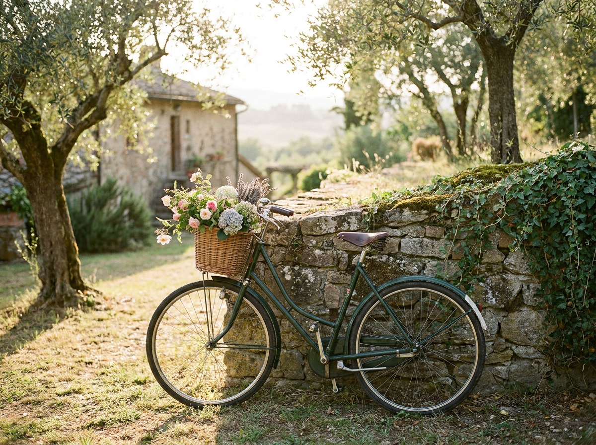 A vintage bicycle leaning against an old stone garden wall with a basket of fresh flowers